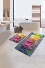 - PaspasTakimi-2li-Set20-Gorsel-1 - Realhomes  Renkli Yapraklar Dijital Baskılı 2'li Kaymaz Tabanlı Banyo & Mutfak Paspas Takımı Realhomes