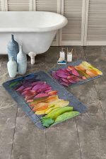 - PaspasTakimi-2li-Set20-Gorsel - Realhomes  Renkli Yapraklar Dijital Baskılı 2'li Kaymaz Tabanlı Banyo & Mutfak Paspas Takımı Realhomes