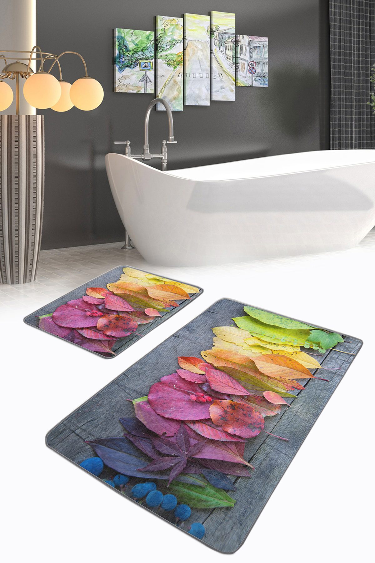 Renkli Yapraklar Dijital Baskılı 2'li Kaymaz Tabanlı Banyo & Mutfak Paspas Takımı Realhomes
