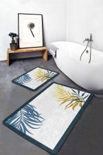 - PaspasTakimi-2li-Set203-Gorsel-1 - Realhomes  Beyaz Zeminde Renkli Yaprak Desenli Dijital Baskılı 2'li Kaymaz Tabanlı Banyo & Mutfak Paspas Takımı Realhomes