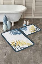 - PaspasTakimi-2li-Set203-Gorsel - Realhomes  Beyaz Zeminde Renkli Yaprak Desenli Dijital Baskılı 2'li Kaymaz Tabanlı Banyo & Mutfak Paspas Takımı Realhomes