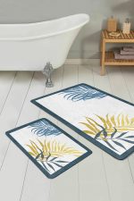 - PaspasTakimi-2li-Set203-Gorsel-2 - Realhomes  Beyaz Zeminde Renkli Yaprak Desenli Dijital Baskılı 2'li Kaymaz Tabanlı Banyo & Mutfak Paspas Takımı Realhomes