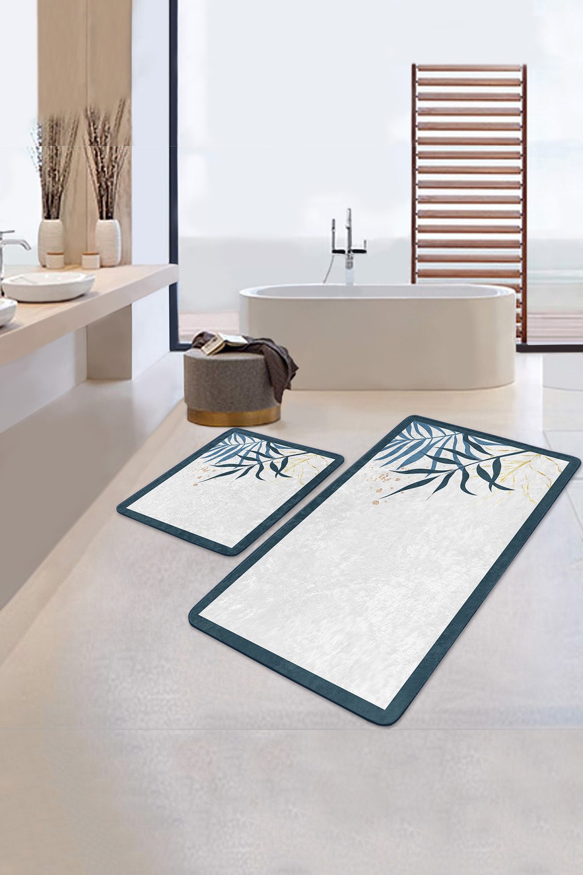 Beyaz Zeminde Renkli Yaprak Özel Tasarım Dijital Baskılı 2'li Kaymaz Tabanlı Banyo & Mutfak Paspas Takımı Realhomes