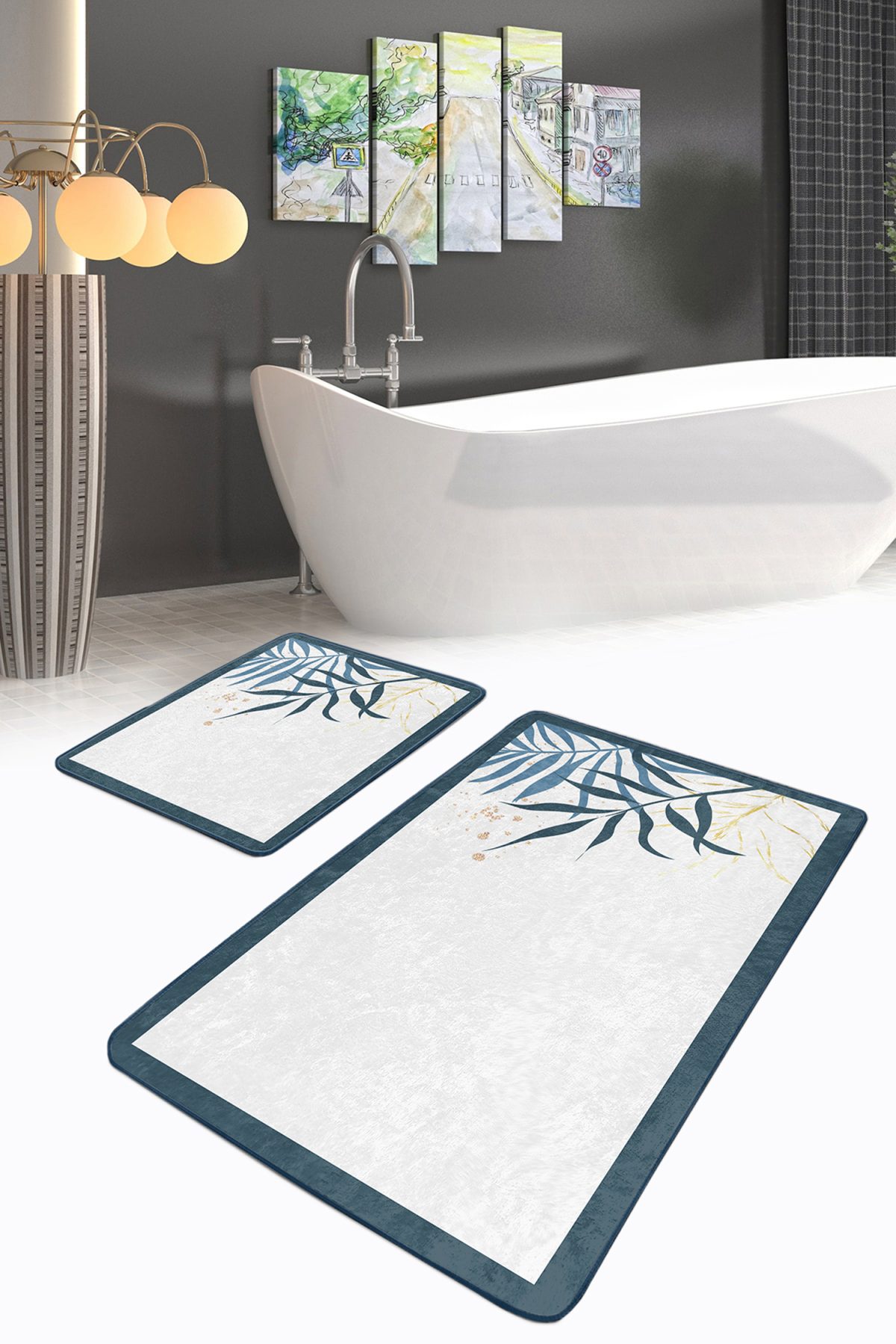 Beyaz Zeminde Renkli Yaprak Özel Tasarım Dijital Baskılı 2'li Kaymaz Tabanlı Banyo & Mutfak Paspas Takımı Realhomes