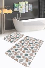 - PaspasTakimi-2li-Set206-Gorsel-1 - Realhomes  Beyaz Zemin Onedraw Çizimli Tropik Yaprak Motifli 2'li Kaymaz Tabanlı Banyo & Mutfak Paspas Takımı Realhomes