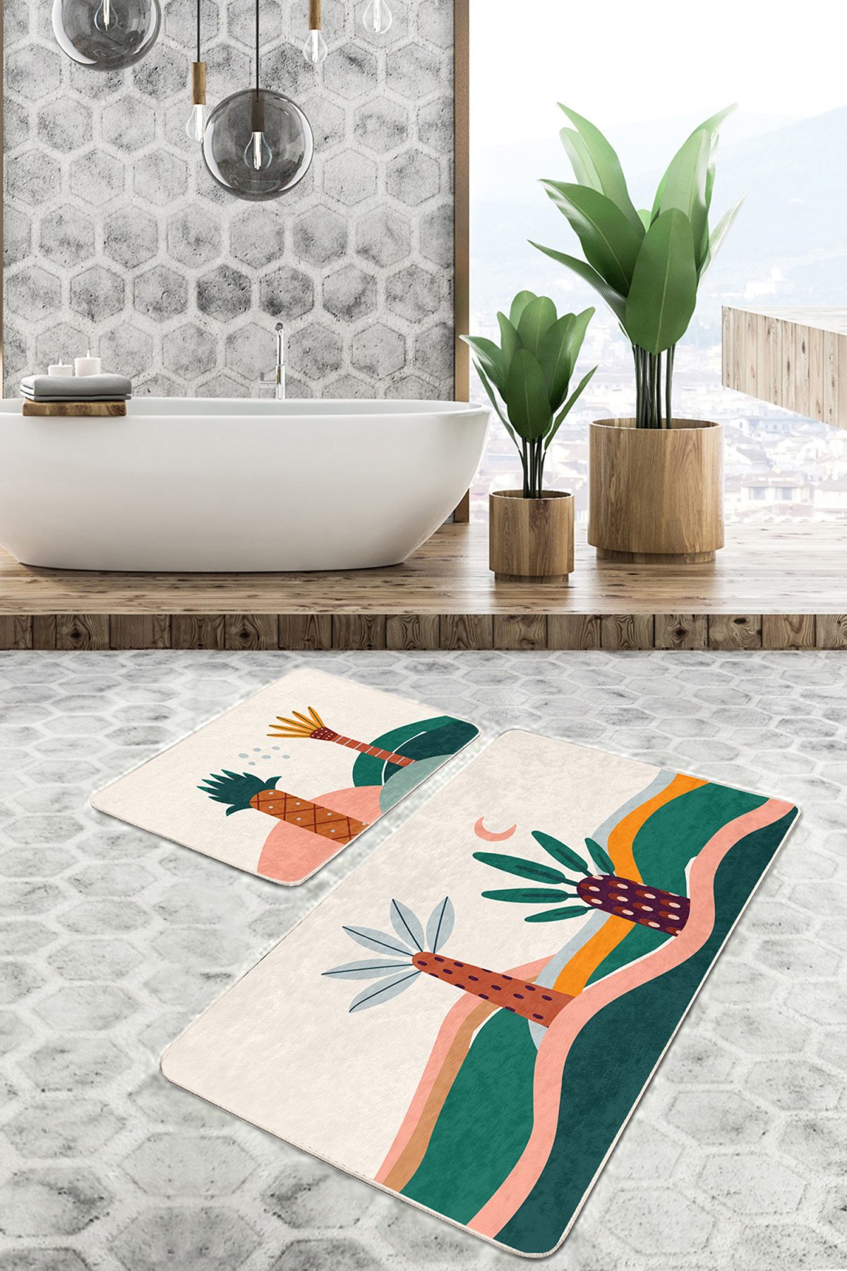 Renkli Zemin Palmiye Ağaç Tasarımlı 2'li Kaymaz Tabanlı Banyo & Mutfak Paspas Takımı Realhomes