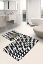 Siyah Zigzag Zeminli Flamingo Motifli 2'li Kaymaz Tabanlı Banyo & Mutfak Paspas Takımı Realhomes