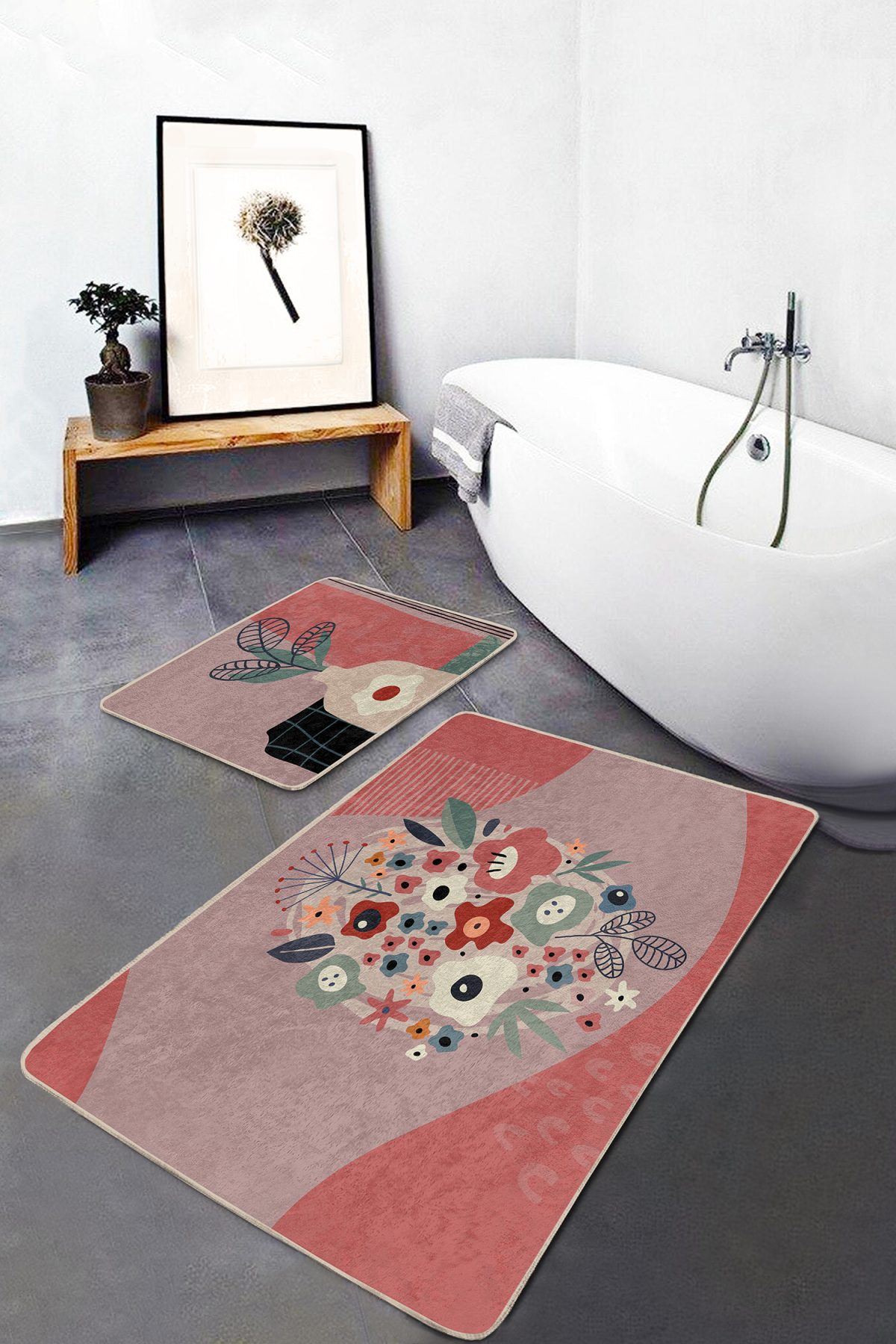 Soyut Rengarenk Zemin Çiçek Motifli 2'li Kaymaz Tabanlı Banyo & Mutfak Paspas Takımı Realhomes