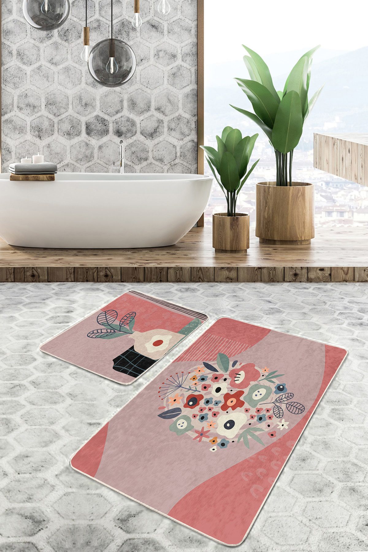 Soyut Rengarenk Zemin Çiçek Motifli 2'li Kaymaz Tabanlı Banyo & Mutfak Paspas Takımı Realhomes