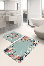 - PaspasTakimi-2li-Set214-Gorsel-2 - Realhomes  Yeşil Zemin Gül Tasarımlı Dijital Baskılı 2'li Kaymaz Tabanlı Banyo & Mutfak Paspas Takımı Realhomes