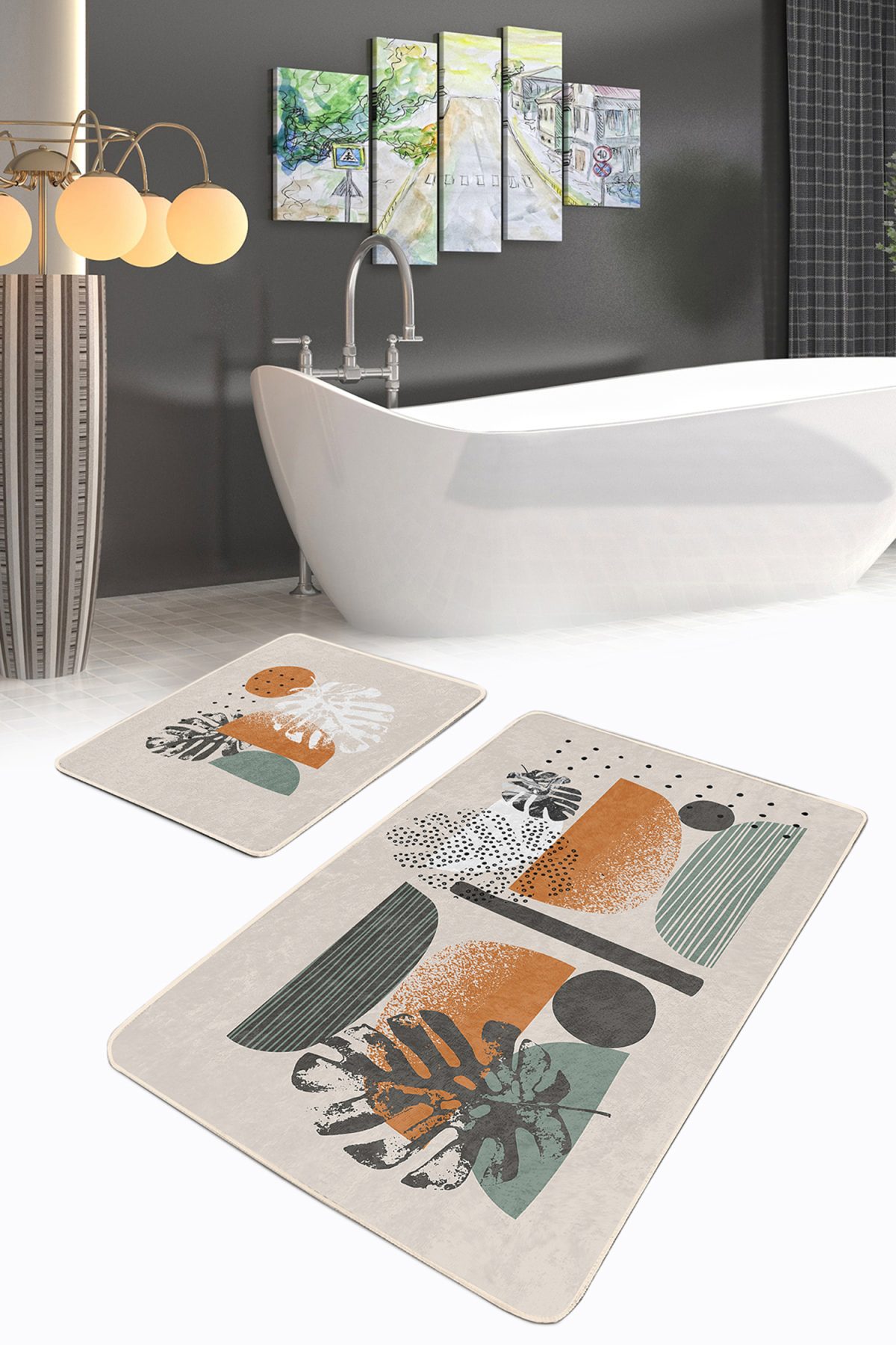 Pastel Renkli Yaprak Desenli Özel Tasarım 2'li Kaymaz Tabanlı Banyo & Mutfak Paspas Takımı Realhomes