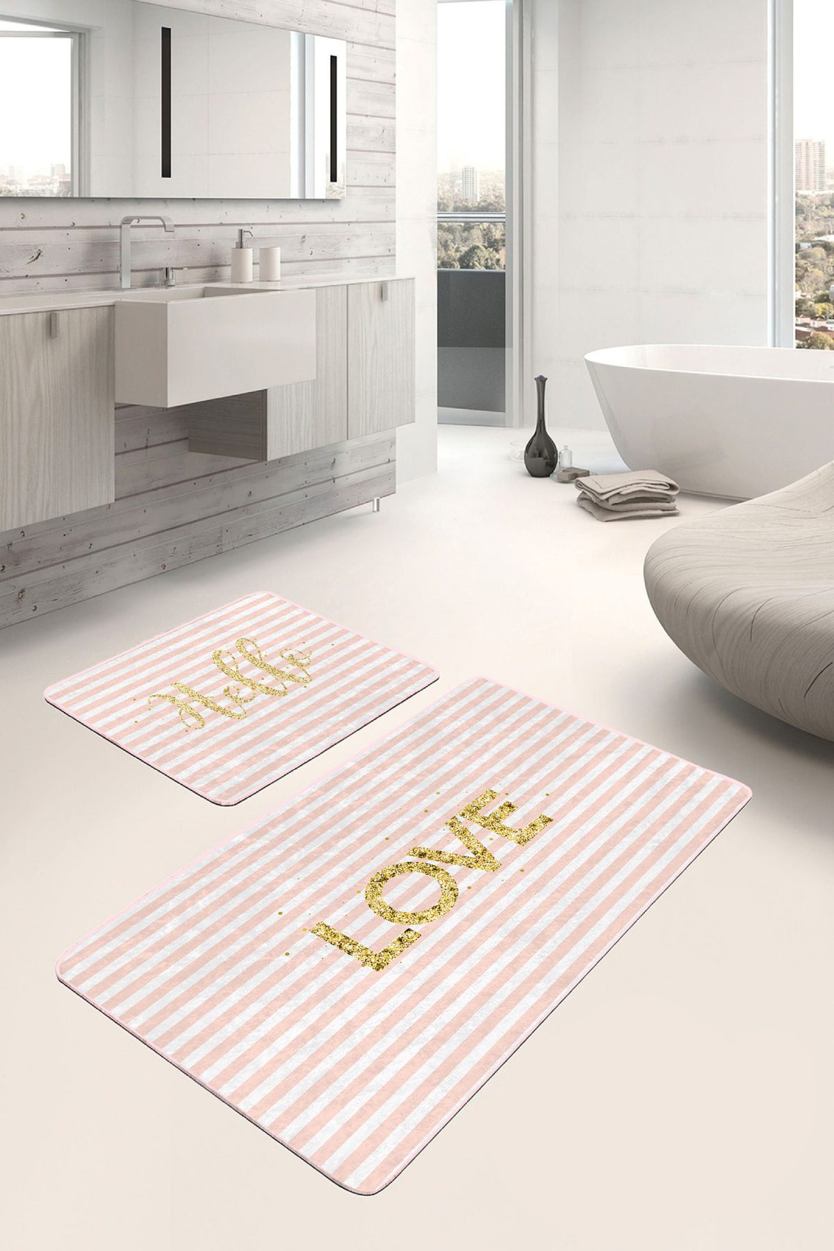 Pembe Çizgili Gold Detaylı Love Motifli 2'li Kaymaz Tabanlı Banyo & Mutfak Paspas Takımı Realhomes