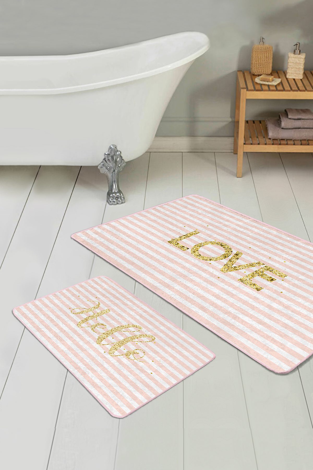 Pembe Çizgili Gold Detaylı Love Motifli 2'li Kaymaz Tabanlı Banyo & Mutfak Paspas Takımı Realhomes