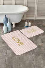 - PaspasTakimi-2li-Set216-Gorsel-2 - Realhomes Pembe Çizgili Gold Detaylı Love Motifli 2'li Kaymaz Tabanlı Banyo & Mutfak Paspas Takımı Realhomes