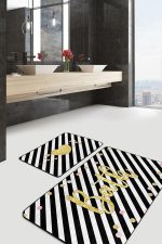 - PaspasTakimi-2li-Set217-Gorsel - Realhomes  Siyah Beyaz Çizgili Gold Detaylı 2'li Kaymaz Tabanlı Banyo & Mutfak Paspas Takımı Realhomes
