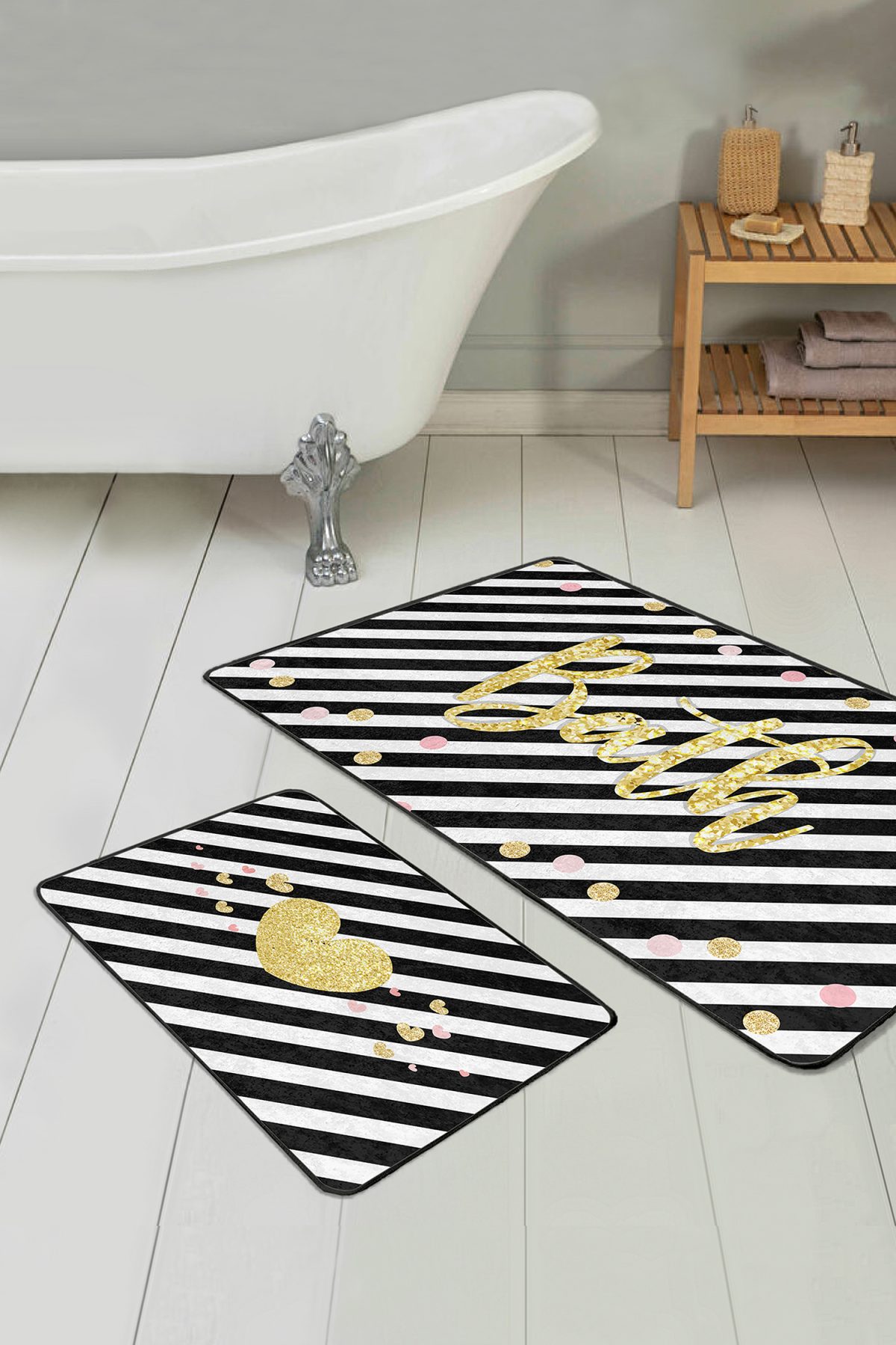Siyah Beyaz Çizgili Gold Detaylı 2'li Kaymaz Tabanlı Banyo & Mutfak Paspas Takımı Realhomes