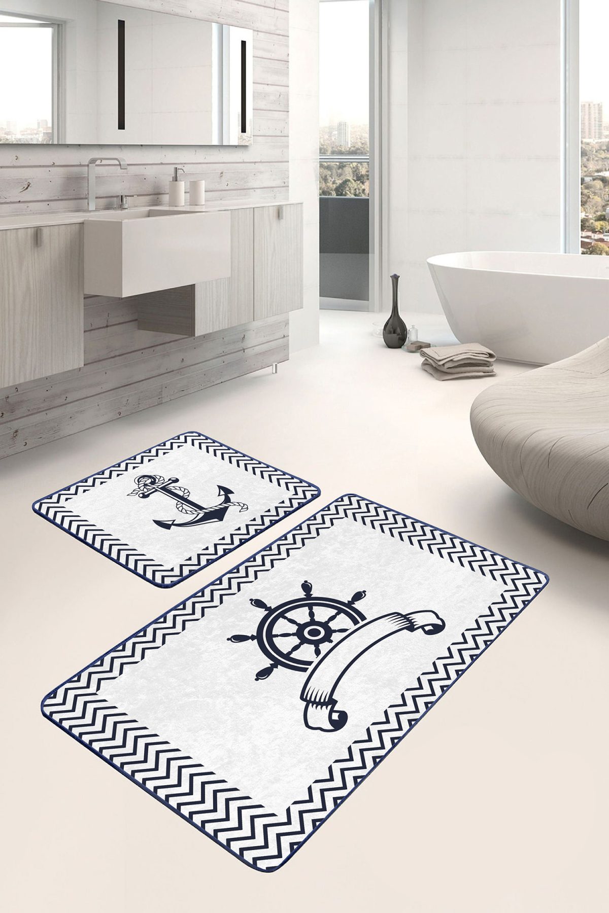 Beyaz Zemin Lacivert Çapa & Dümen Motifli 2'li Kaymaz Tabanlı Banyo & Mutfak Paspas Takımı Realhomes