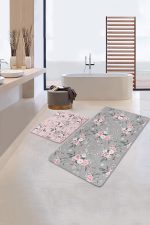 - PaspasTakimi-2li-Set222-Gorsel-1 - Realhomes  Gri & Pembe Zemin Gül Özel Tasarımlı 2'li Kaymaz Tabanlı Banyo & Mutfak Paspas Takımı Realhomes