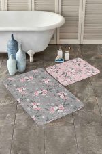 - PaspasTakimi-2li-Set222-Gorsel - Realhomes  Gri & Pembe Zemin Gül Özel Tasarımlı 2'li Kaymaz Tabanlı Banyo & Mutfak Paspas Takımı Realhomes