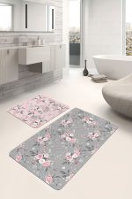 - PaspasTakimi-2li-Set222-Gorsel-2 - Realhomes  Gri & Pembe Zemin Gül Özel Tasarımlı 2'li Kaymaz Tabanlı Banyo & Mutfak Paspas Takımı Realhomes