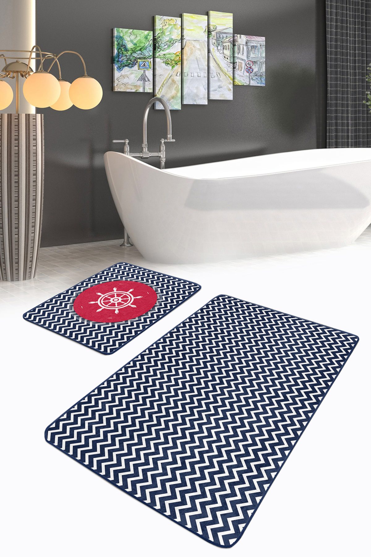 Lacivert Zigzag Tasarımlı Dümen Motifli 2'li Kaymaz Tabanlı Banyo & Mutfak Paspas Takımı Realhomes