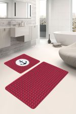 - PaspasTakimi-2li-Set224-Gorsel-2 - Realhomes  Bordo Zemin Lacivert Dalga Detaylı Özel Tasarım 2'li Kaymaz Tabanlı Banyo & Mutfak Paspas Takımı Realhomes