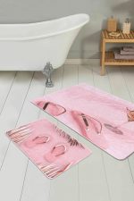 Pembe Gold Detaylı Terlik Tasarımlı 2'li Kaymaz Tabanlı Banyo & Mutfak Paspas Takımı Realhomes