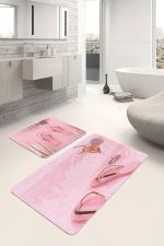 Pembe Gold Detaylı Terlik Tasarımlı 2'li Kaymaz Tabanlı Banyo & Mutfak Paspas Takımı Realhomes