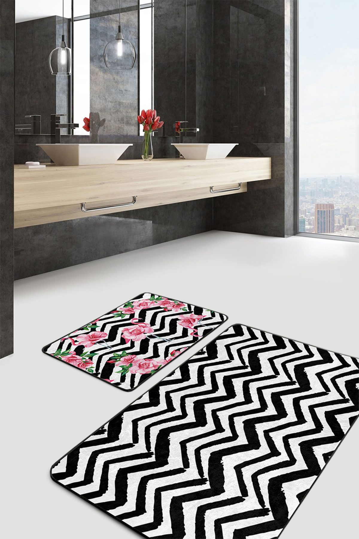 Siyah Zigzag Temalı Flamingo Motifli 2'li Kaymaz Tabanlı Banyo & Mutfak Paspas Takımı Realhomes