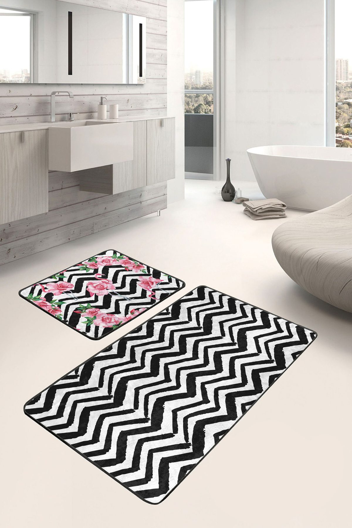 Siyah Zigzag Temalı Flamingo Motifli 2'li Kaymaz Tabanlı Banyo & Mutfak Paspas Takımı Realhomes