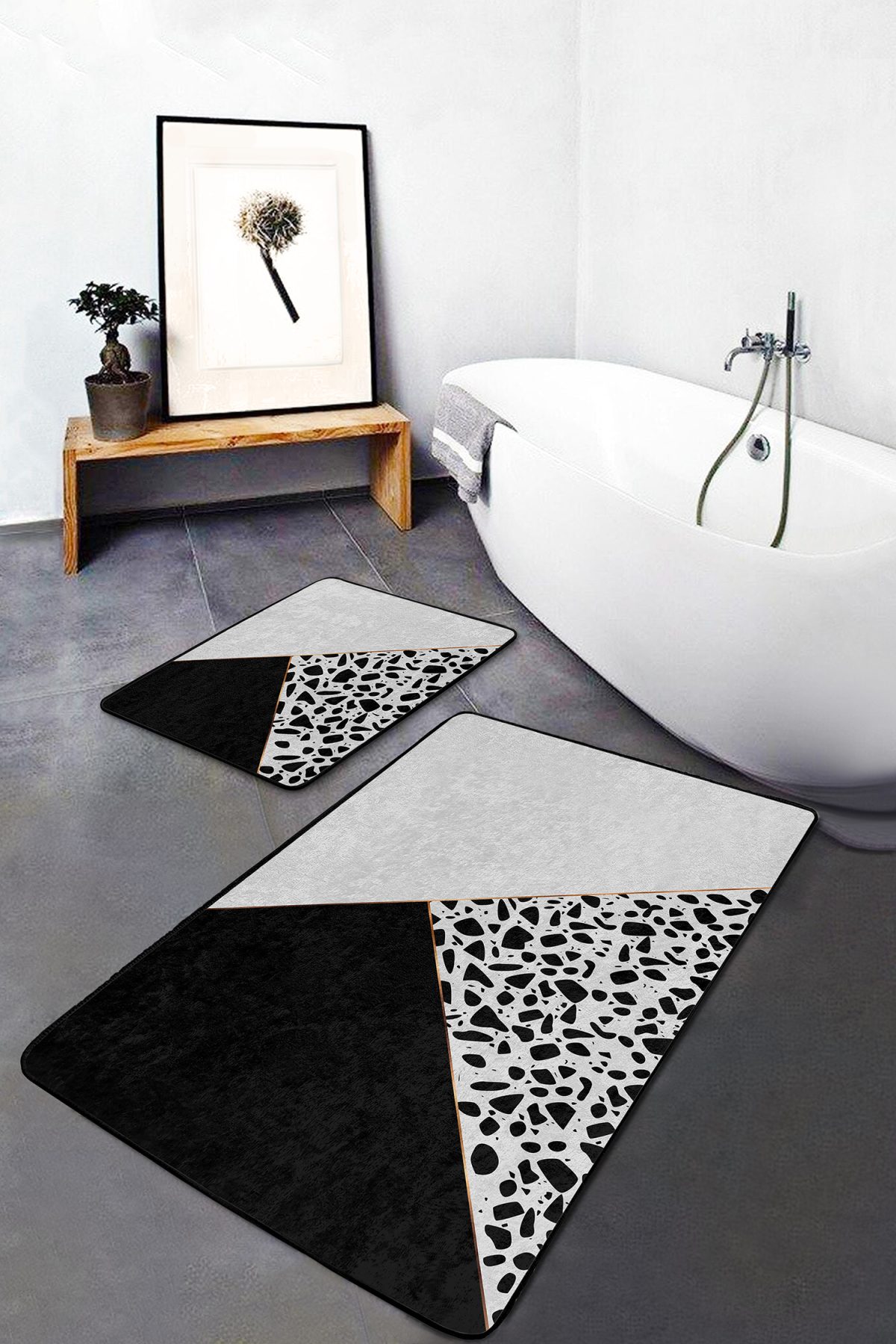 Siyah Beyaz Düz Renkli Taş Tasarımlı 2'li Kaymaz Tabanlı Banyo & Mutfak Paspas Takımı Realhomes