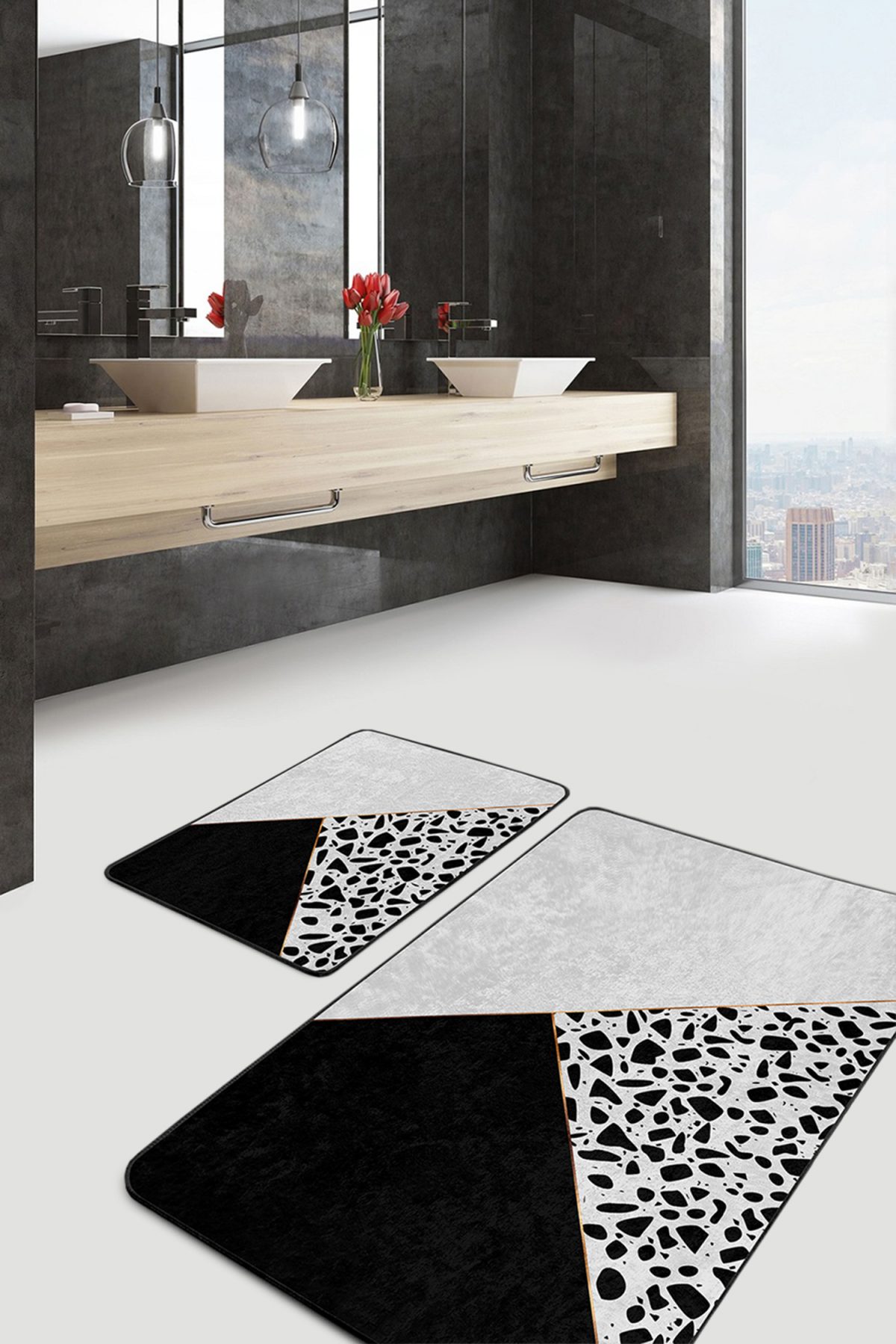 Siyah Beyaz Düz Renkli Taş Tasarımlı 2'li Kaymaz Tabanlı Banyo & Mutfak Paspas Takımı Realhomes
