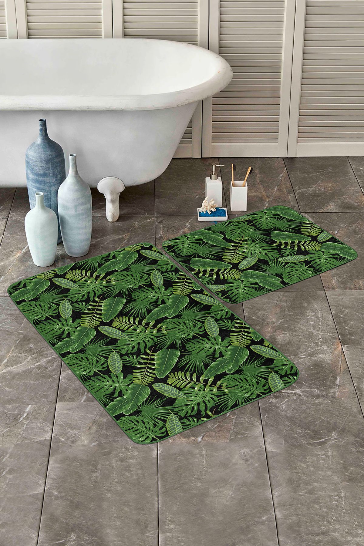 Siyah Zemin Yeşil Tropik Yapraklar Özel Tasarım 2'li Kaymaz Tabanlı Banyo & Mutfak Paspas Takımı Realhomes