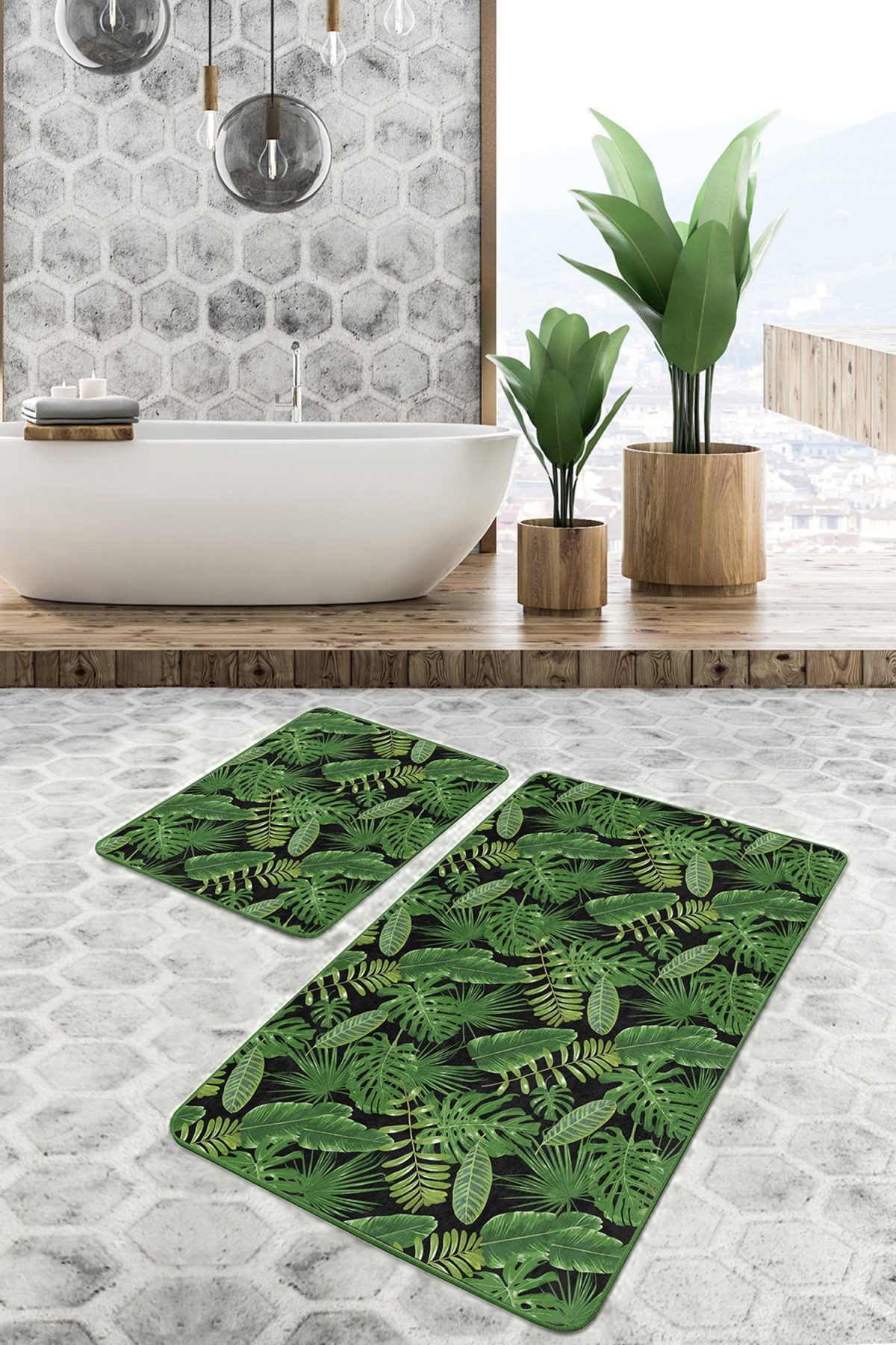 Siyah Zemin Yeşil Tropik Yapraklar Özel Tasarım 2'li Kaymaz Tabanlı Banyo & Mutfak Paspas Takımı Realhomes