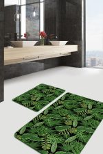 - PaspasTakimi-2li-Set232-Gorsel-2 - Realhomes Siyah Zemin Yeşil Tropik Yapraklar Özel Tasarım 2'li Kaymaz Tabanlı Banyo & Mutfak Paspas Takımı Realhomes