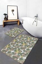 Soft Kozalak Motifli Yaprak Tasarımlı 2'li Kaymaz Tabanlı Banyo & Mutfak Paspas Takımı Realhomes