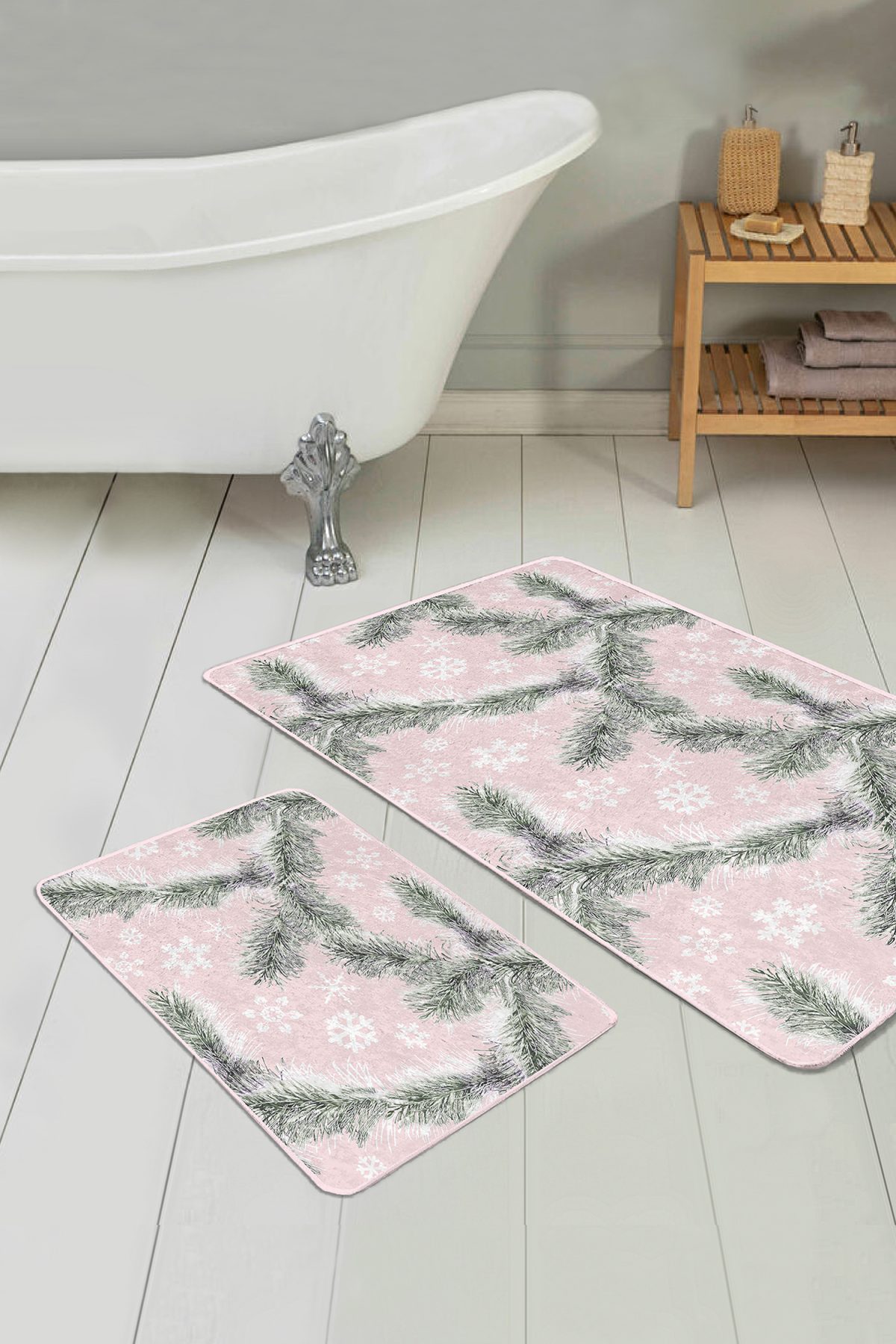 Pembe Zemin Çam Yaprakları Kar Taneleri 2'li Kaymaz Tabanlı Banyo & Mutfak Paspas Takımı Realhomes