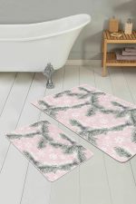 Pembe Zemin Çam Yaprakları Kar Taneleri 2'li Kaymaz Tabanlı Banyo & Mutfak Paspas Takımı Realhomes