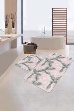 Pembe Zemin Çam Yaprakları Kar Taneleri 2'li Kaymaz Tabanlı Banyo & Mutfak Paspas Takımı Realhomes