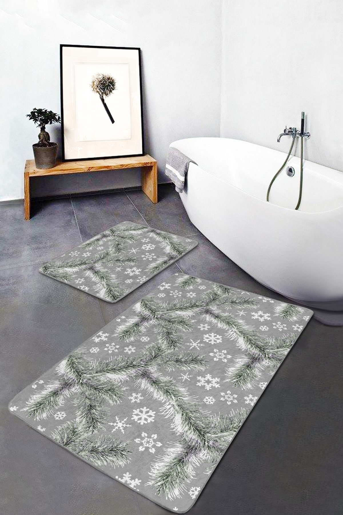 Gri Zemin Çam Yaprakları Kar Taneleri Özel Tasarım 2'li Kaymaz Tabanlı Banyo & Mutfak Paspas Takımı Realhomes