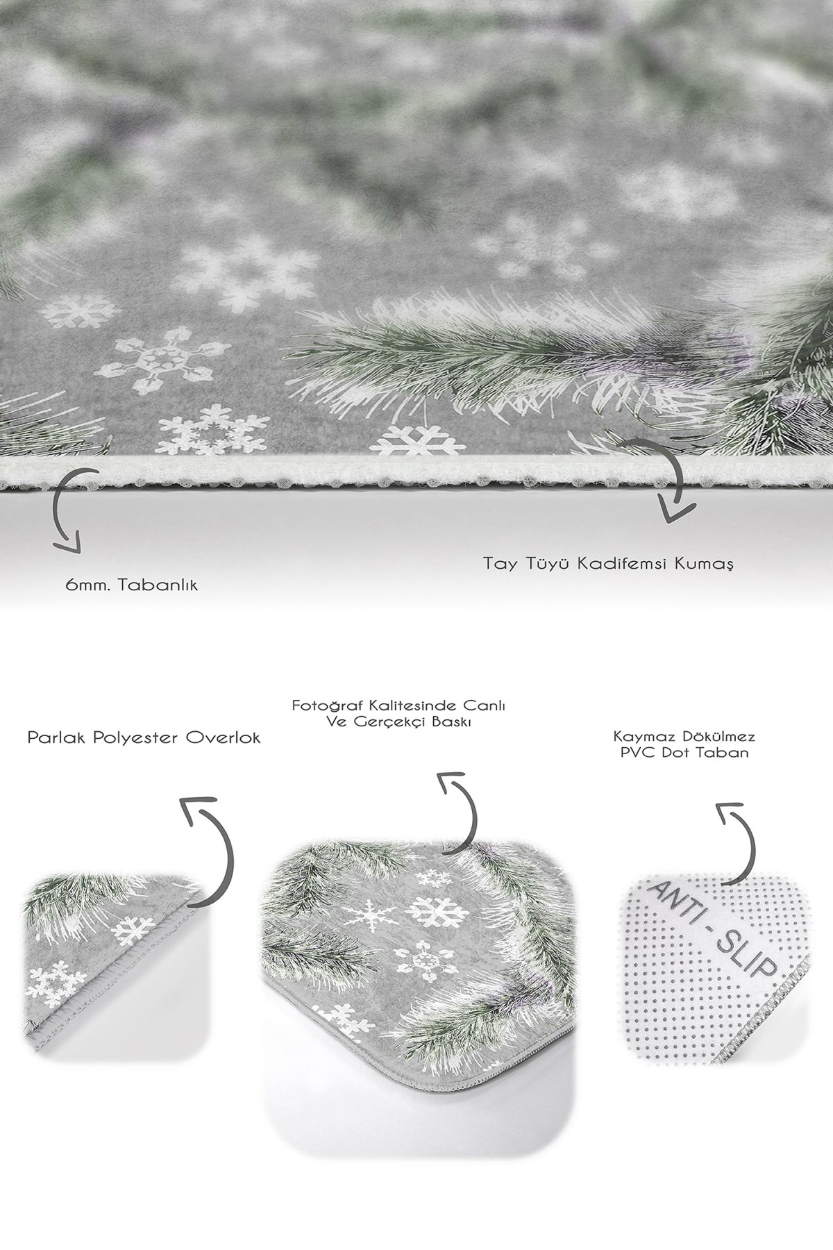 Gri Zemin Çam Yaprakları Kar Taneleri Özel Tasarım 2'li Kaymaz Tabanlı Banyo & Mutfak Paspas Takımı Realhomes