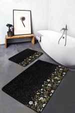 - PaspasTakimi-2li-Set236-Gorsel-1 - Realhomes  Siyah Zemin Gold Detaylı Çiçekler Dijital Baskılı 2'li Kaymaz Tabanlı Banyo & Mutfak Paspas Takımı Realhomes