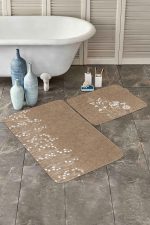 - PaspasTakimi-2li-Set237-Gorsel-2 - Realhomes  Kahve Zemin Beyaz Çiçek Özel Tasarımlı 2'li Kaymaz Tabanlı Banyo & Mutfak Paspas Takımı Realhomes