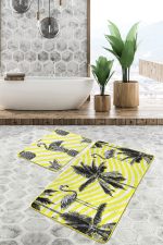 - PaspasTakimi-2li-Set24-Gorsel-1 - Realhomes Sarı Çizgili Zemin Siyah Flamingo Tasarımlı 2'li Kaymaz Tabanlı Banyo & Mutfak Paspas Takımı Realhomes