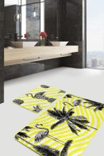 - PaspasTakimi-2li-Set24-Gorsel - Realhomes Sarı Çizgili Zemin Siyah Flamingo Tasarımlı 2'li Kaymaz Tabanlı Banyo & Mutfak Paspas Takımı Realhomes