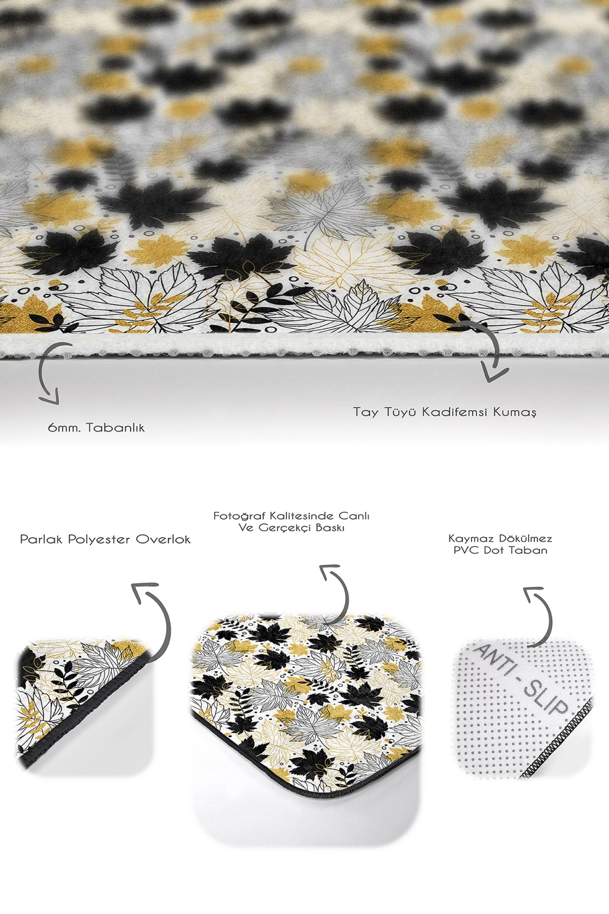 Gold Detaylı Sonbahar Yaprakları Özel Tasarımlı 2'li Kaymaz Tabanlı Banyo & Mutfak Paspas Takımı Realhomes