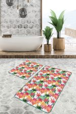 Renkli Sonbahar Yaprakları Özel Tasarım 2'li Kaymaz Tabanlı Banyo & Mutfak Paspas Takımı Realhomes