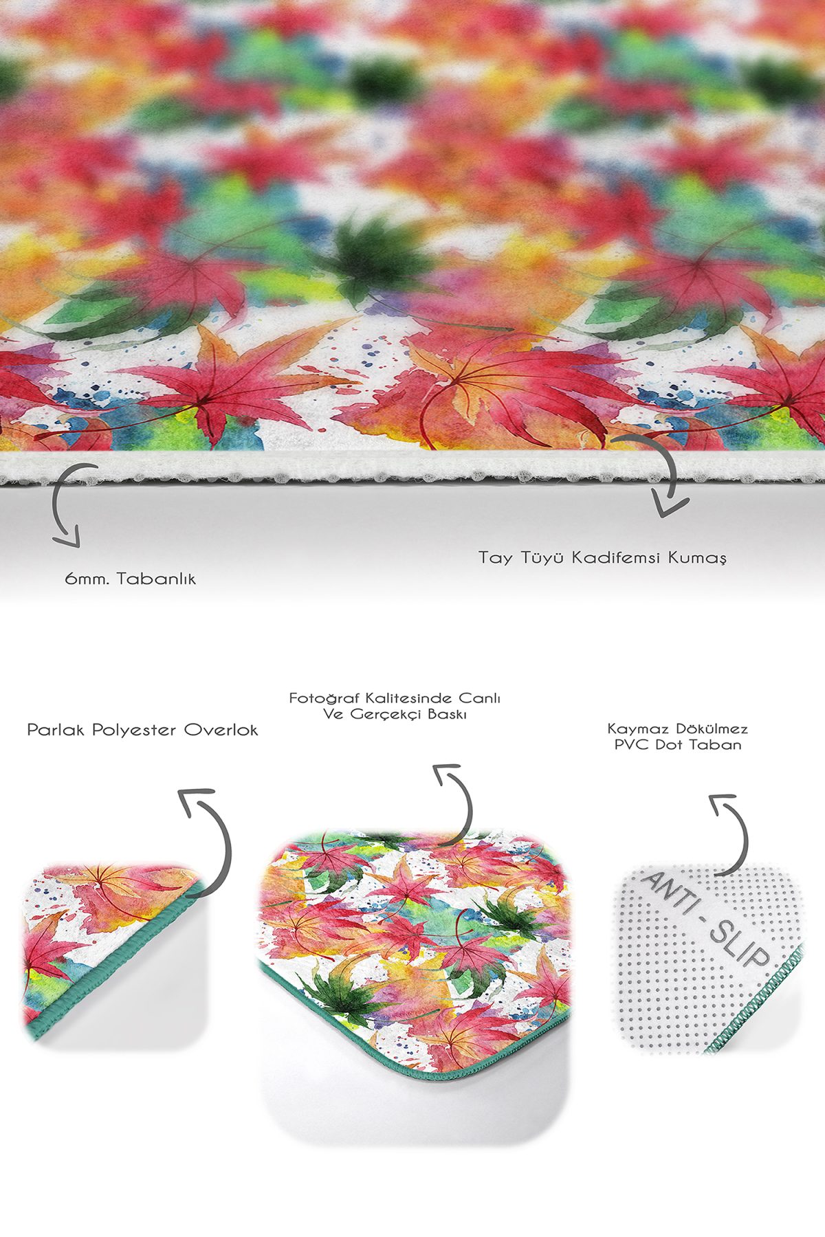 Renkli Sonbahar Yaprakları Özel Tasarım 2'li Kaymaz Tabanlı Banyo & Mutfak Paspas Takımı Realhomes