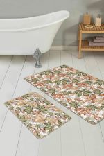 - PaspasTakimi-2li-Set248-Gorsel-1 - Realhomes  Kurumuş Kahve Yeşil Sonbahar Yaprakları Özel Tasarım 2'li Kaymaz Tabanlı Banyo & Mutfak Paspas Takımı Realhomes