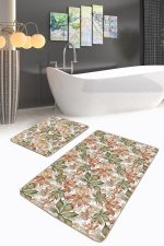 - PaspasTakimi-2li-Set248-Gorsel-2 - Realhomes  Kurumuş Kahve Yeşil Sonbahar Yaprakları Özel Tasarım 2'li Kaymaz Tabanlı Banyo & Mutfak Paspas Takımı Realhomes